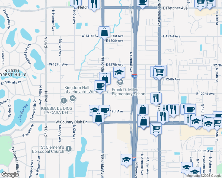 map of restaurants, bars, coffee shops, grocery stores, and more near 102 East 122nd Avenue in Tampa