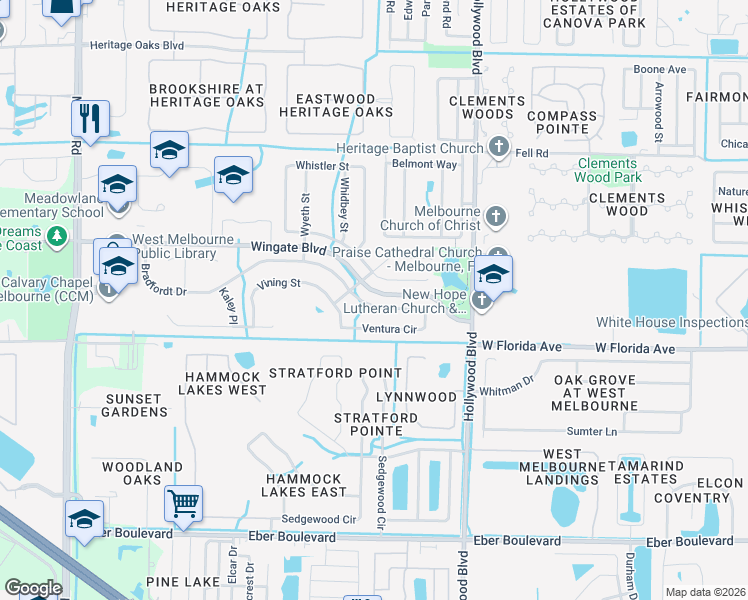 map of restaurants, bars, coffee shops, grocery stores, and more near 2510 Ventura Circle in Melbourne