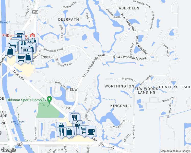 map of restaurants, bars, coffee shops, grocery stores, and more near 170 Michaels Circle in Oldsmar