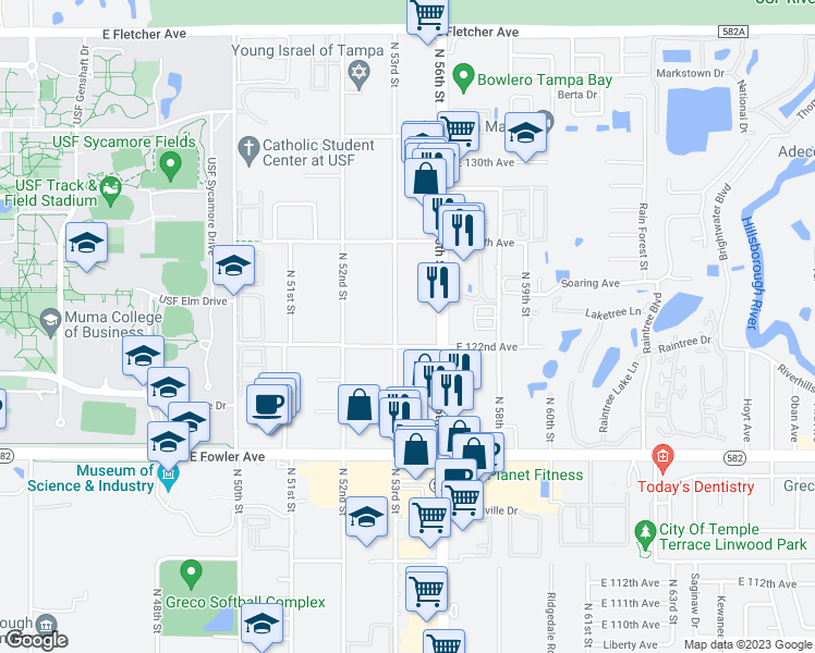 map of restaurants, bars, coffee shops, grocery stores, and more near 12207 North 53rd Street in Tampa