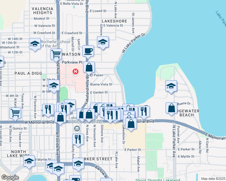 map of restaurants, bars, coffee shops, grocery stores, and more near 742 East Garden Street in Lakeland