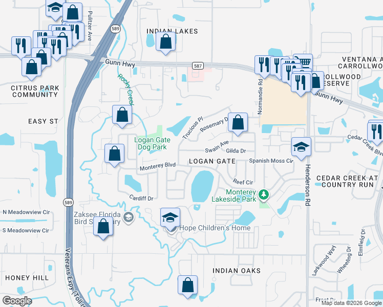 map of restaurants, bars, coffee shops, grocery stores, and more near 6832 Swain Avenue in Tampa