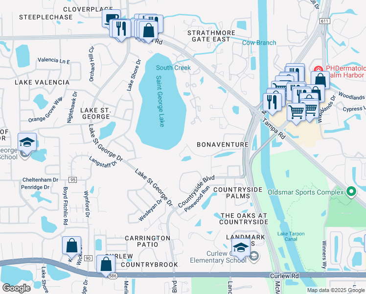 map of restaurants, bars, coffee shops, grocery stores, and more near 3609 Country Pointe Place in Palm Harbor