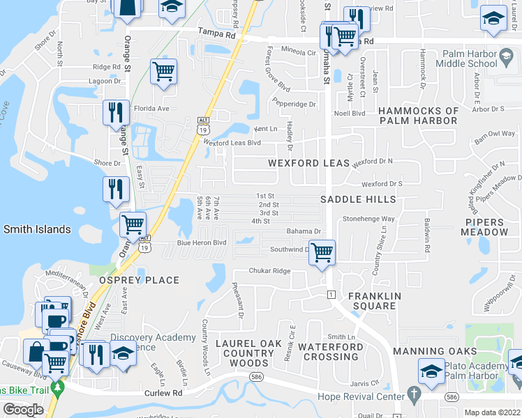 map of restaurants, bars, coffee shops, grocery stores, and more near 241 2nd Street in Palm Harbor