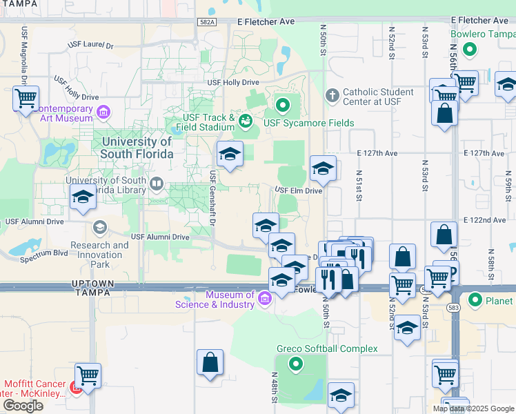 map of restaurants, bars, coffee shops, grocery stores, and more near 12499 USF Bull Run Drive in Tampa