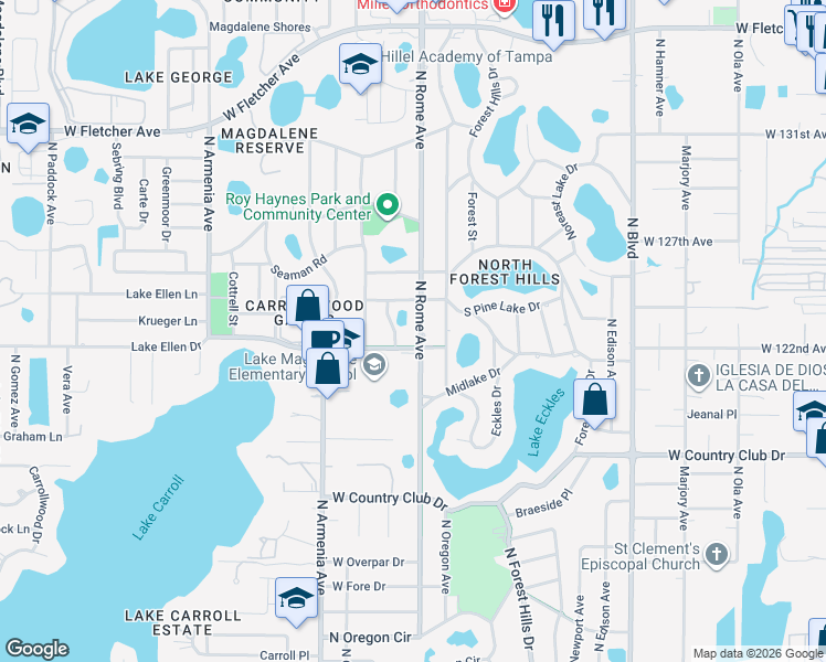 map of restaurants, bars, coffee shops, grocery stores, and more near 12308 North Rome Avenue in Tampa