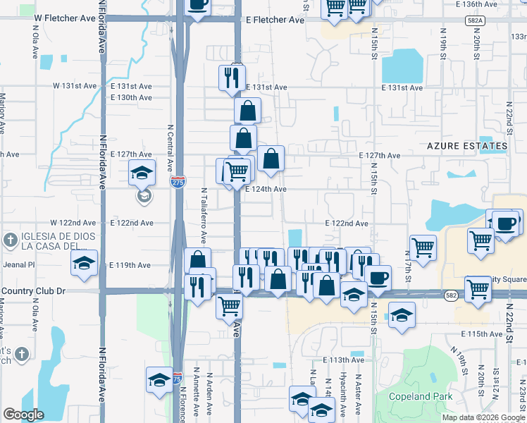 map of restaurants, bars, coffee shops, grocery stores, and more near 12211 North 9th Street in Tampa