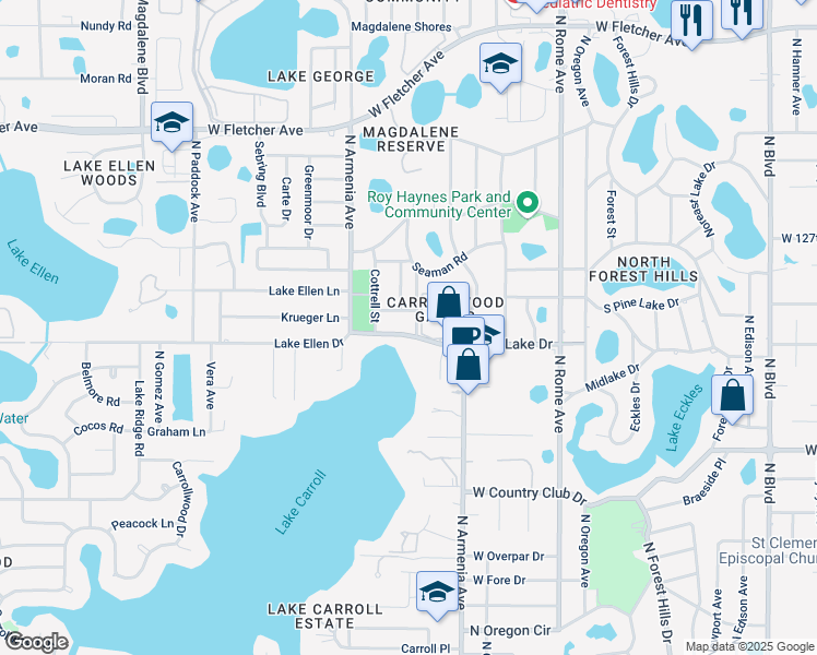 map of restaurants, bars, coffee shops, grocery stores, and more near 12205 North Armenia Avenue in Tampa