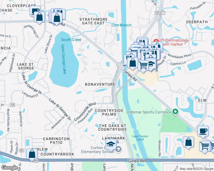 map of restaurants, bars, coffee shops, grocery stores, and more near 2990 Bonaventure Circle in Palm Harbor