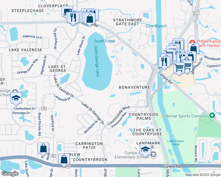 map of restaurants, bars, coffee shops, grocery stores, and more near 3609 Country Pointe Place in Palm Harbor