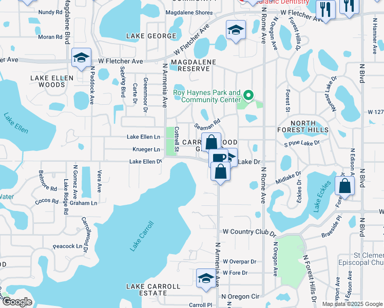 map of restaurants, bars, coffee shops, grocery stores, and more near 12205 North Armenia Avenue in Tampa