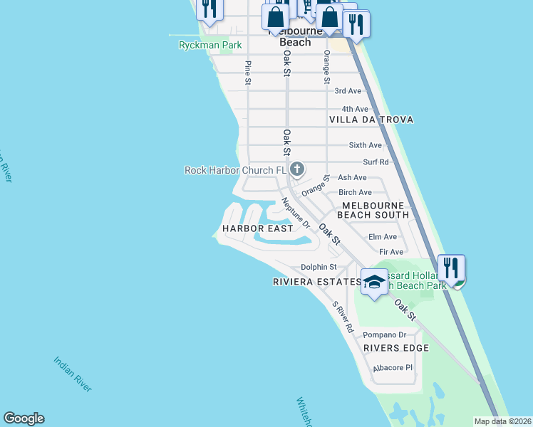 map of restaurants, bars, coffee shops, grocery stores, and more near 411 Pelican Key in Melbourne Beach