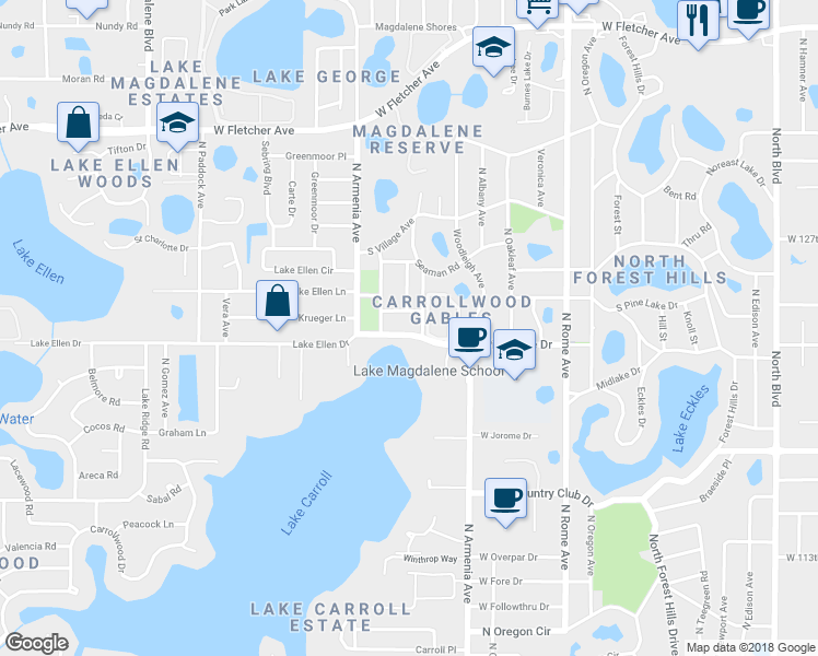 map of restaurants, bars, coffee shops, grocery stores, and more near 12205 North Armenia Avenue in Tampa