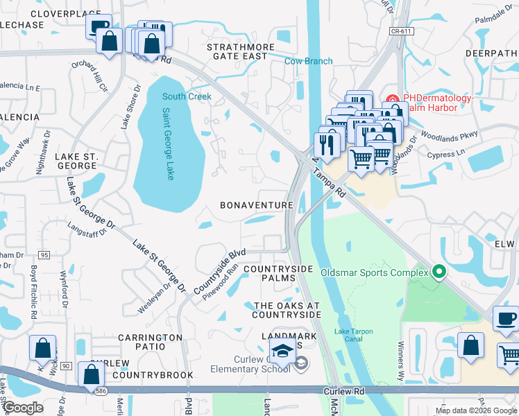 map of restaurants, bars, coffee shops, grocery stores, and more near 3025 Bonaventure Circle in Palm Harbor