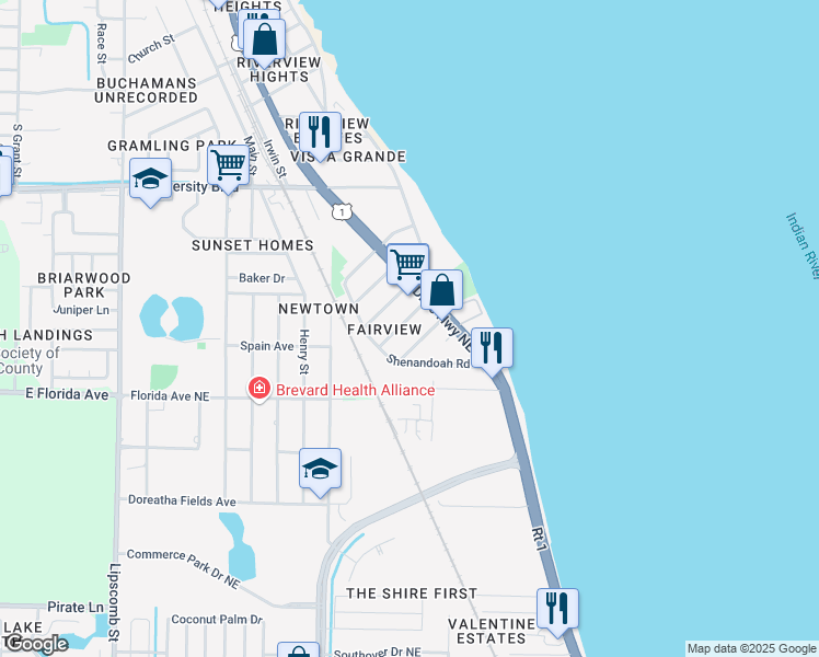 map of restaurants, bars, coffee shops, grocery stores, and more near 2560 Vernon Drive Northeast in Palm Bay