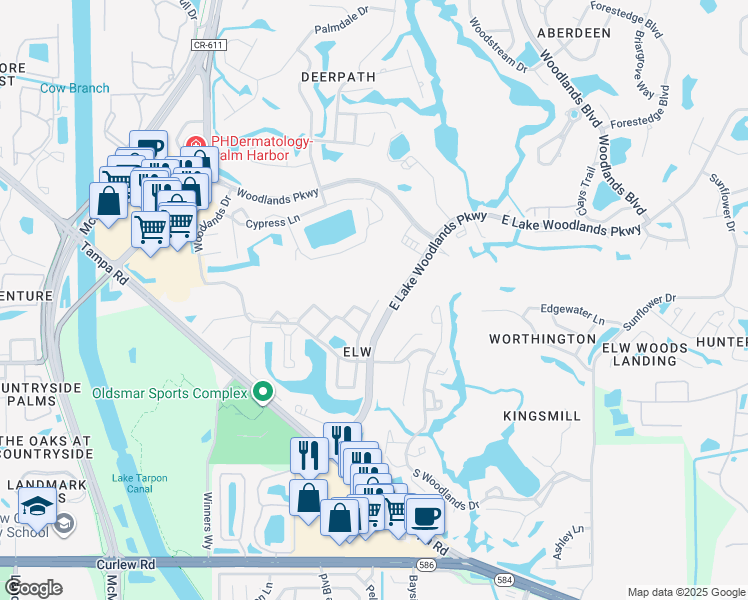 map of restaurants, bars, coffee shops, grocery stores, and more near 231 Caryl Way in Oldsmar