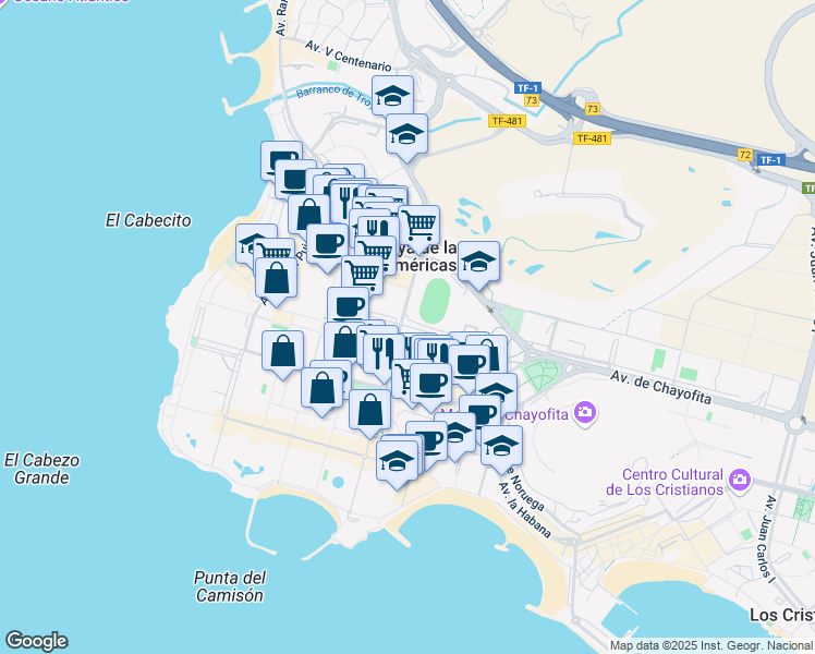 map of restaurants, bars, coffee shops, grocery stores, and more near Calle Siete Islas in Playa de la Américas