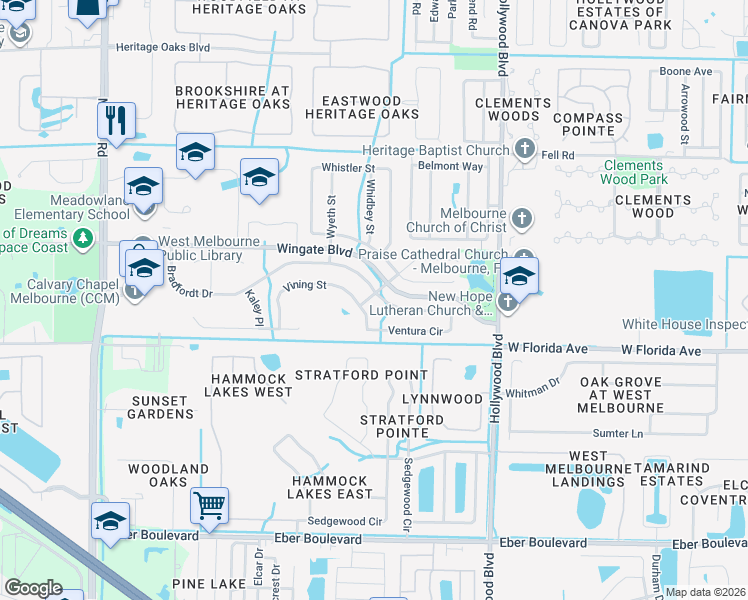 map of restaurants, bars, coffee shops, grocery stores, and more near 2621 Bradfordt Drive in West Melbourne