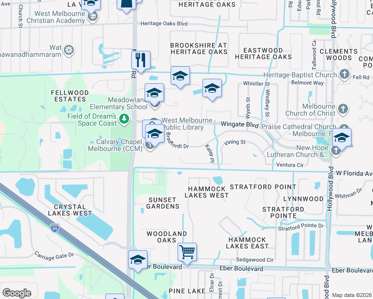 map of restaurants, bars, coffee shops, grocery stores, and more near 2719 Bradfordt Drive in West Melbourne