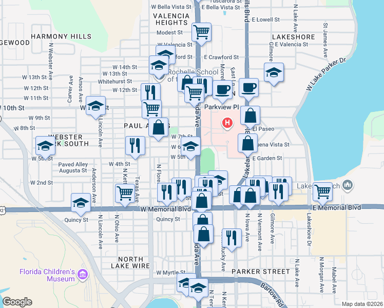 map of restaurants, bars, coffee shops, grocery stores, and more near 111 West 5th Street in Lakeland