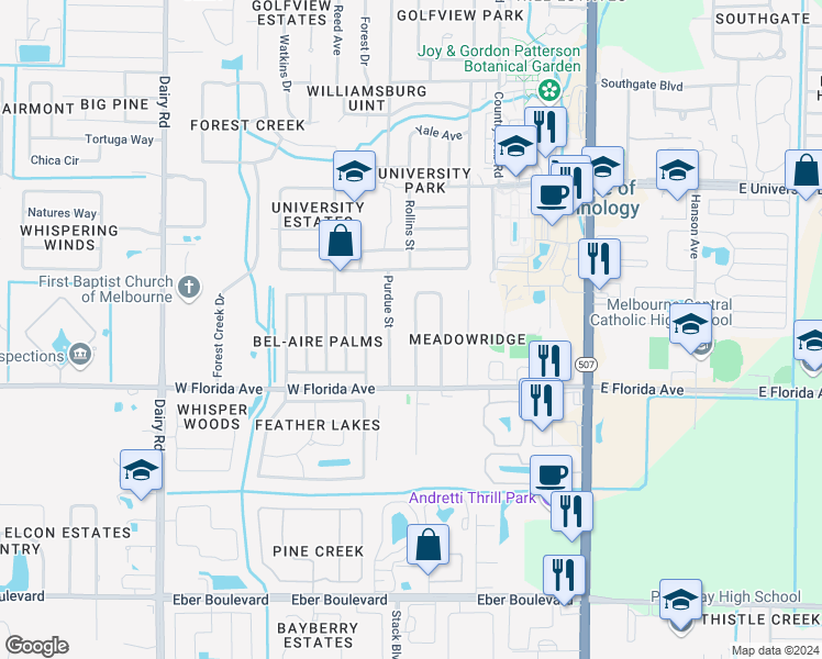 map of restaurants, bars, coffee shops, grocery stores, and more near 3416 Mazur Drive in Melbourne
