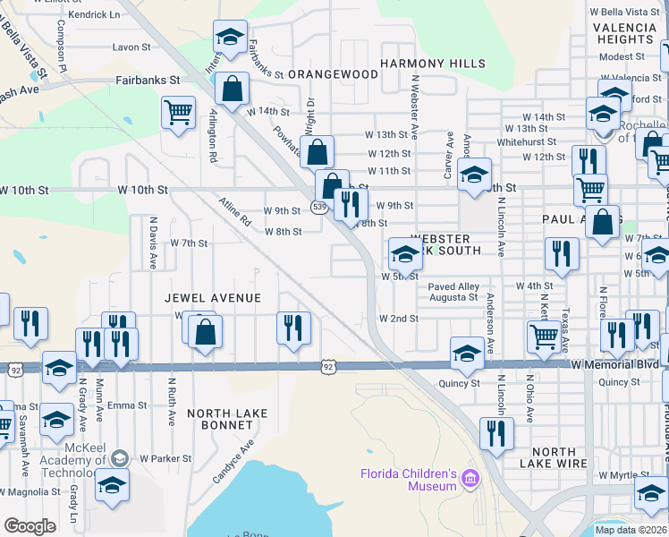 map of restaurants, bars, coffee shops, grocery stores, and more near 1152 West 6th Street in Lakeland