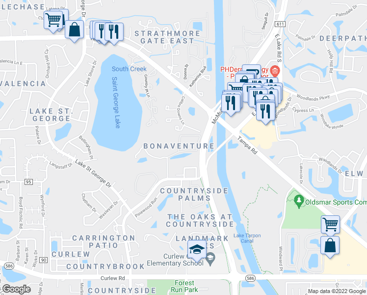map of restaurants, bars, coffee shops, grocery stores, and more near 2981 Bonaventure Circle in Palm Harbor