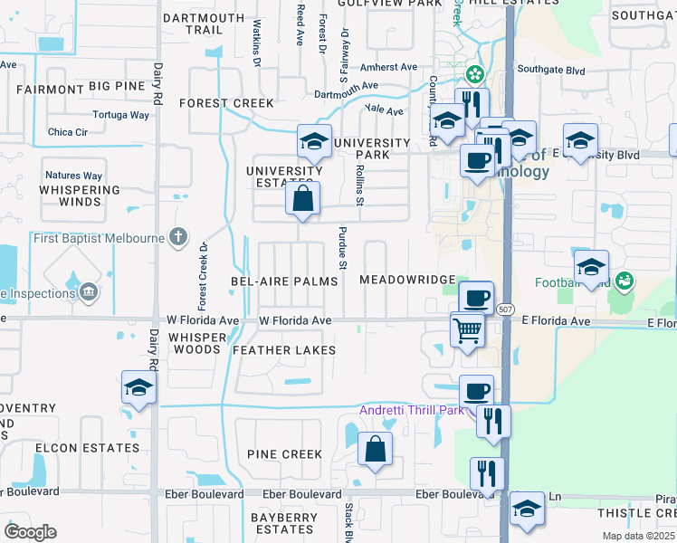 map of restaurants, bars, coffee shops, grocery stores, and more near 3318 Purdue Street in Melbourne