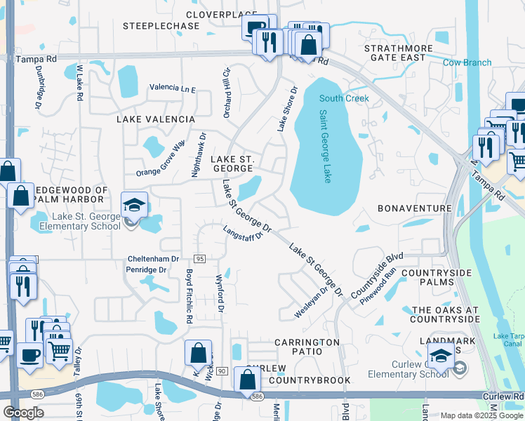 map of restaurants, bars, coffee shops, grocery stores, and more near 3310 Peterborough Place in Palm Harbor