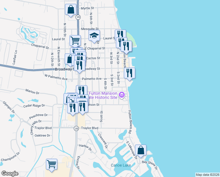 map of restaurants, bars, coffee shops, grocery stores, and more near 217 South 3rd Street in Rockport
