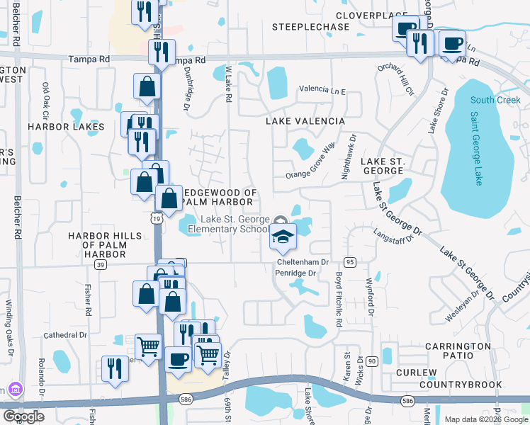 map of restaurants, bars, coffee shops, grocery stores, and more near 679 Bonnie Boulevard in Palm Harbor