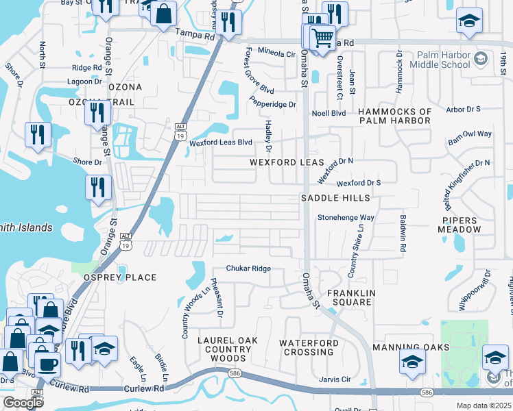 map of restaurants, bars, coffee shops, grocery stores, and more near 261 2nd Street in Palm Harbor