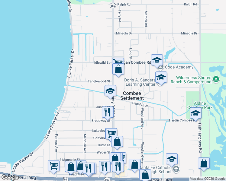map of restaurants, bars, coffee shops, grocery stores, and more near 1175 North Combee Road in Lakeland