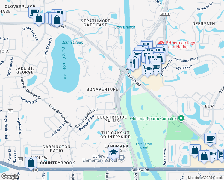 map of restaurants, bars, coffee shops, grocery stores, and more near 2990 Bonaventure Circle in Palm Harbor