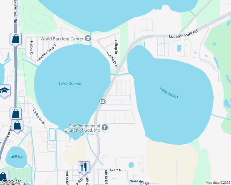 map of restaurants, bars, coffee shops, grocery stores, and more near 412 Winter Ridge Boulevard in Winter Haven