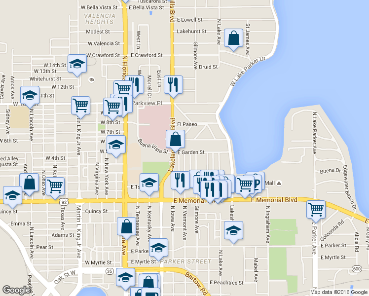 map of restaurants, bars, coffee shops, grocery stores, and more near 520 East Garden Street in Lakeland