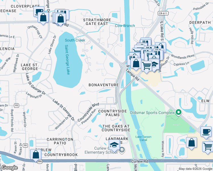 map of restaurants, bars, coffee shops, grocery stores, and more near 2990 Bonaventure Circle in Palm Harbor
