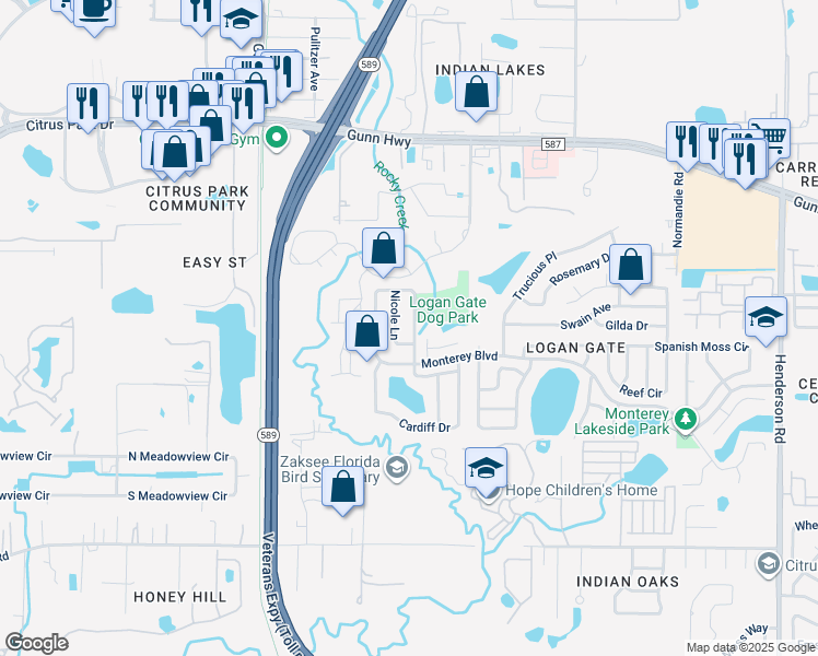 map of restaurants, bars, coffee shops, grocery stores, and more near 7387 Monterey Boulevard in Tampa