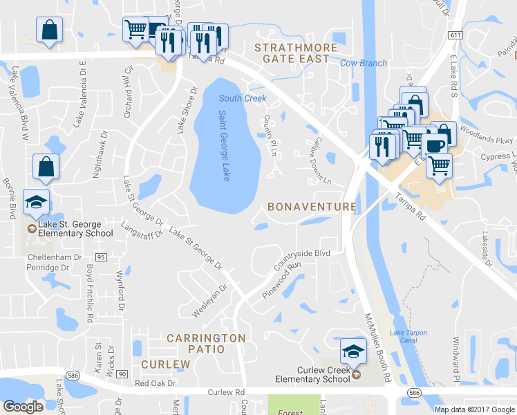 map of restaurants, bars, coffee shops, grocery stores, and more near 3609 Country Pointe Place in Palm Harbor