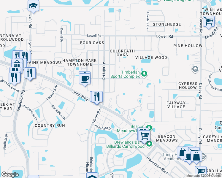 map of restaurants, bars, coffee shops, grocery stores, and more near 12307 Cambridge Avenue in Tampa