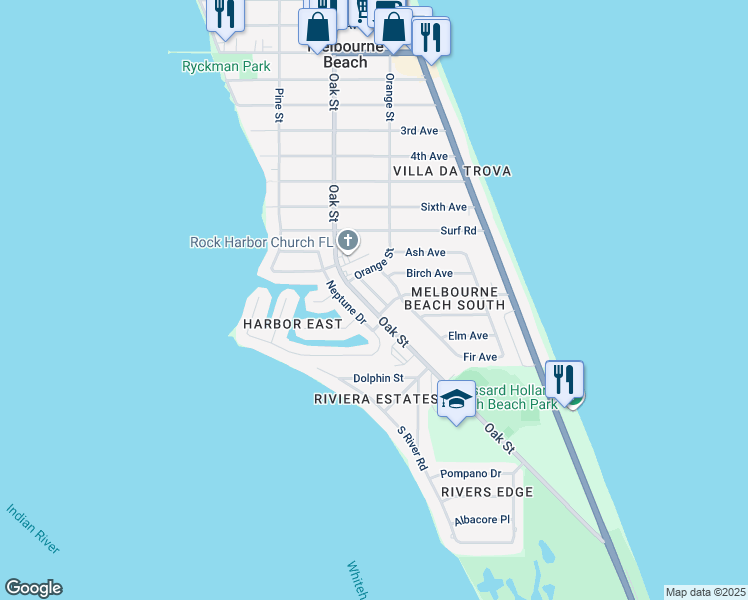 map of restaurants, bars, coffee shops, grocery stores, and more near 1908 Cedar Lane in Melbourne Beach