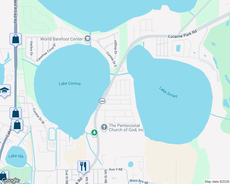 map of restaurants, bars, coffee shops, grocery stores, and more near 412 Winter Ridge Boulevard in Winter Haven