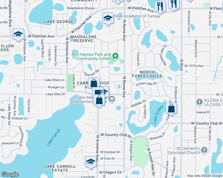 map of restaurants, bars, coffee shops, grocery stores, and more near 12309 North Oakleaf Avenue in Tampa