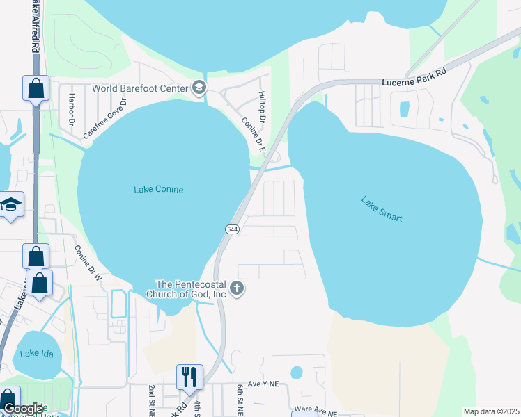 map of restaurants, bars, coffee shops, grocery stores, and more near 412 Winter Ridge Boulevard in Winter Haven