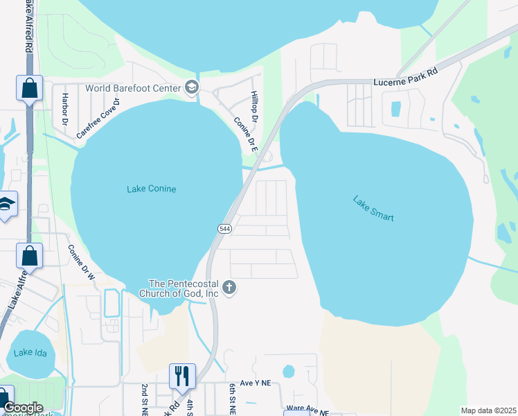 map of restaurants, bars, coffee shops, grocery stores, and more near 412 Winter Ridge Boulevard in Winter Haven