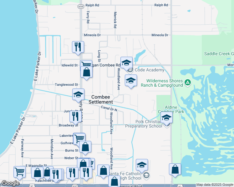 map of restaurants, bars, coffee shops, grocery stores, and more near 1224 Woodland Avenue in Lakeland