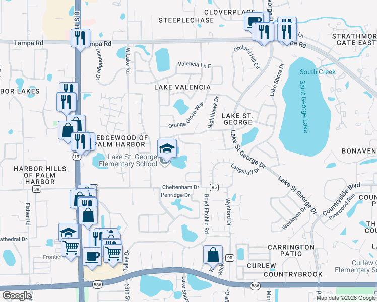 map of restaurants, bars, coffee shops, grocery stores, and more near 3775 Springhill Circle in Palm Harbor