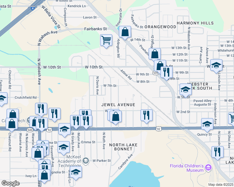 map of restaurants, bars, coffee shops, grocery stores, and more near 1214 Jewel Avenue in Lakeland