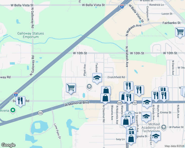 map of restaurants, bars, coffee shops, grocery stores, and more near 1209 El Camino Road in Lakeland
