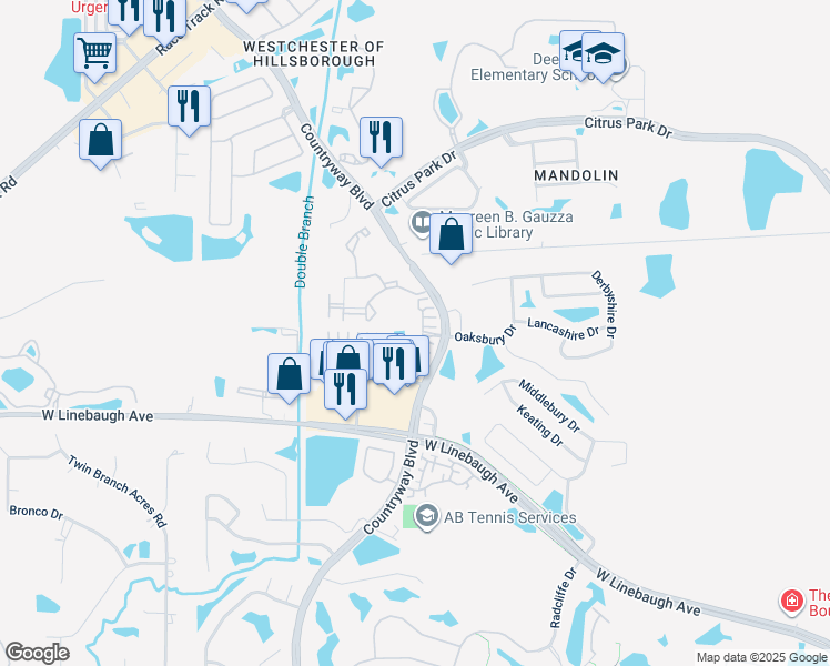 map of restaurants, bars, coffee shops, grocery stores, and more near 12201 Lexington Park Drive in Tampa